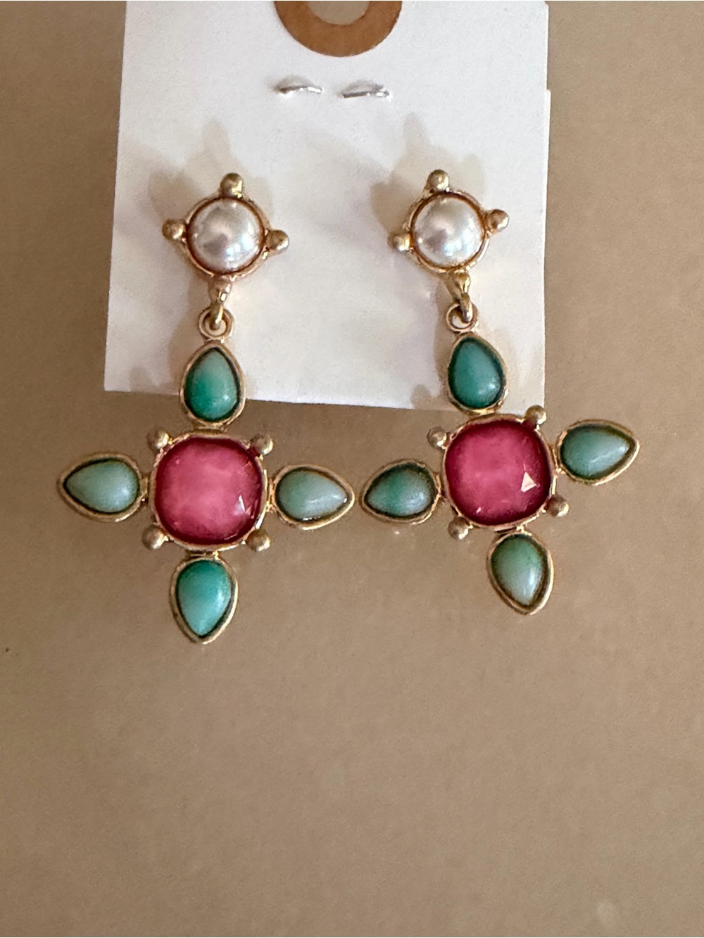 Source Unknown Gold Drop Earrings with Pink and Mint Accents